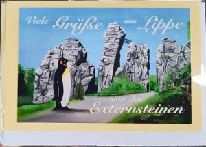 Postkarte Externsteine mit Pinguin